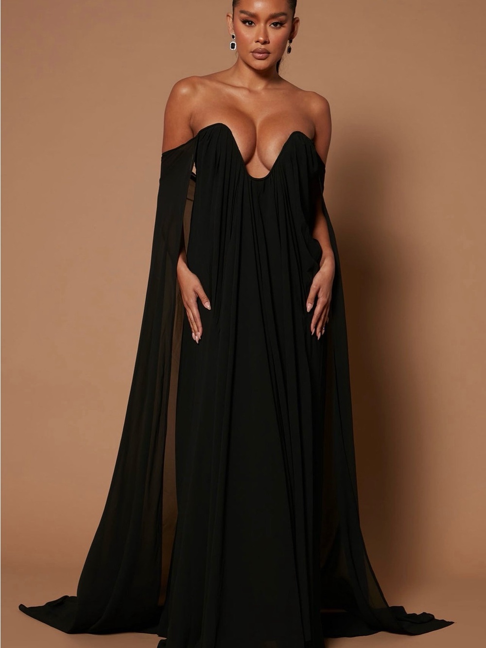 Fashion Nova Black Strapless Plunging Sweetheart Gown with Draped Cape